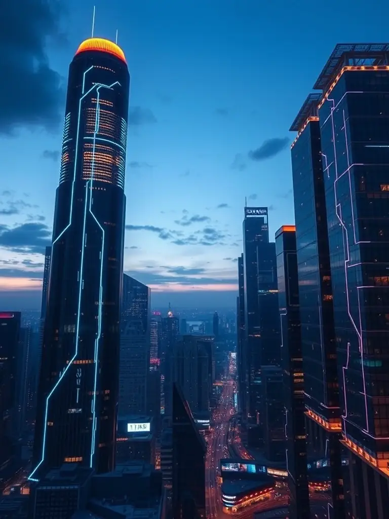 A futuristic cityscape with holographic data overlays, symbolizing the integration of technology and infrastructure in smart city initiatives.