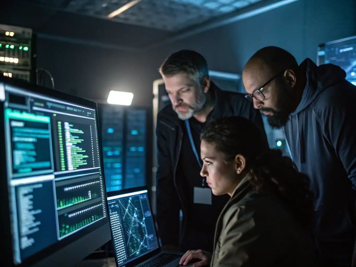 An image showing a computer screen displaying AI simulation results, with a team of cybersecurity experts analyzing the data to identify vulnerabilities.