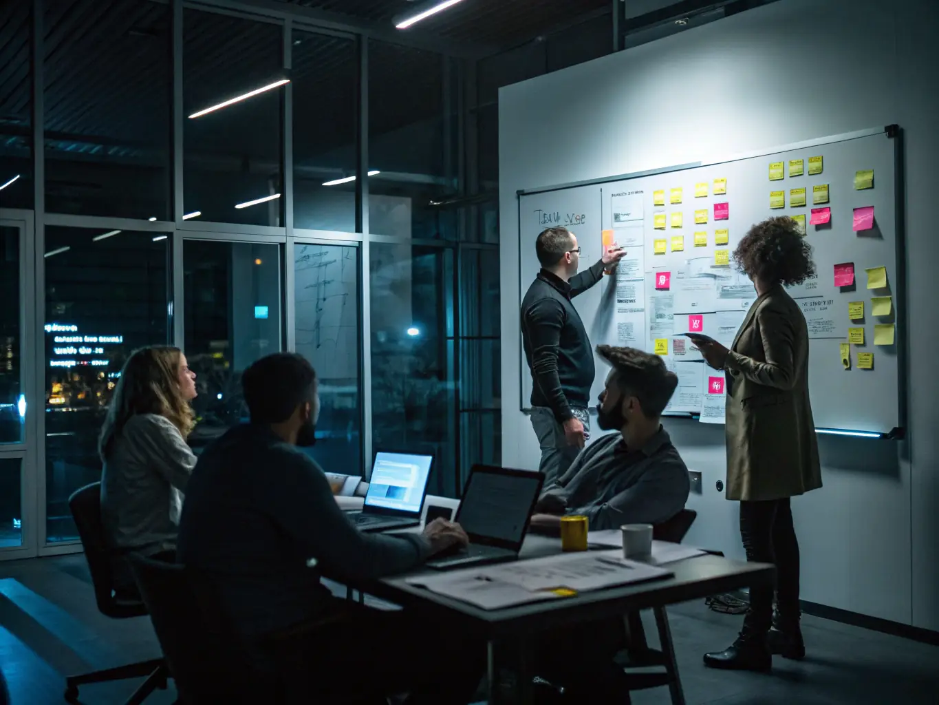 An image depicting a team of consultants working together on a digital transformation strategy, brainstorming ideas and analyzing data on a whiteboard.