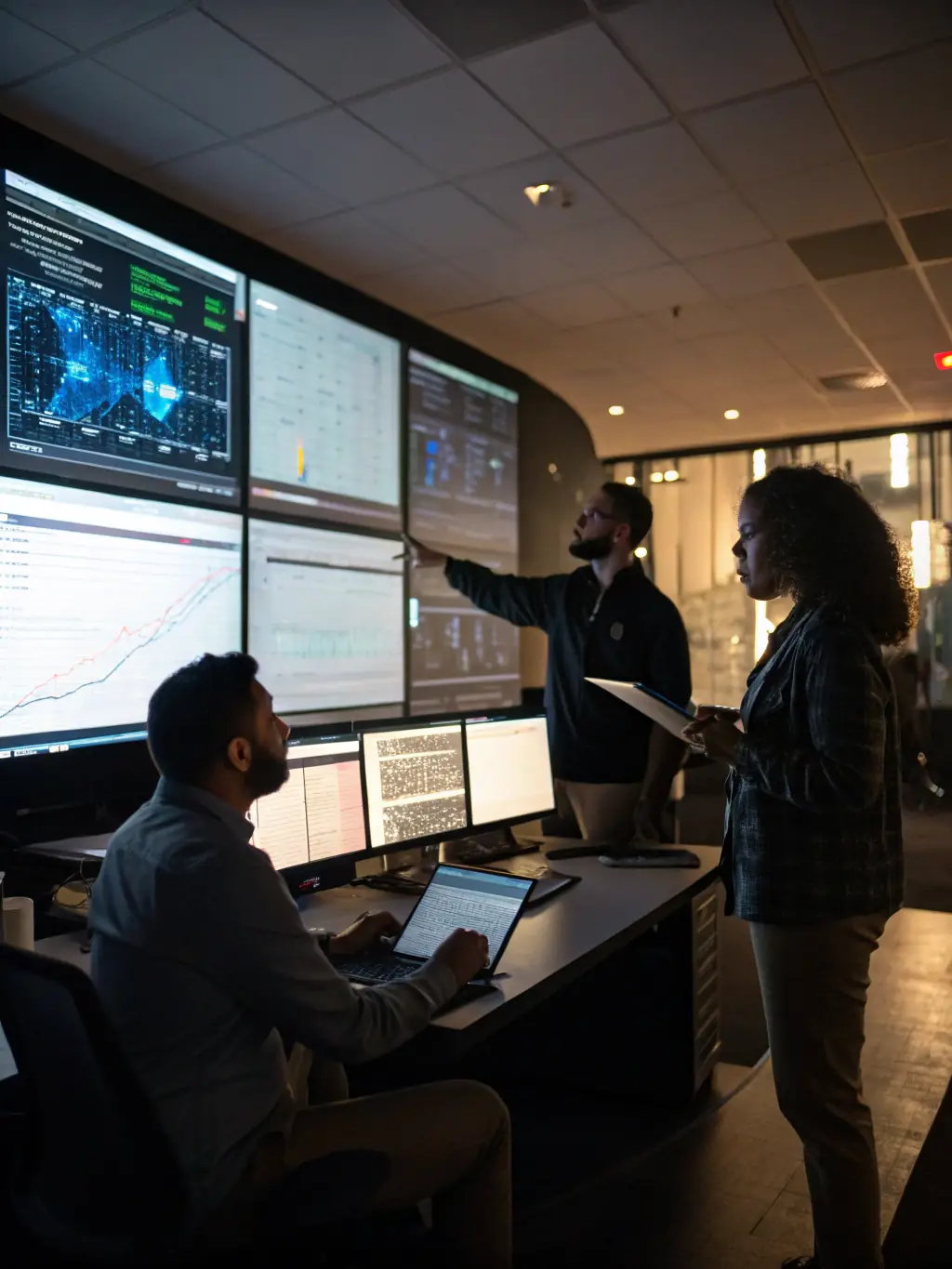 An image showing a computer screen displaying complex AI simulation results, with analysts interpreting the data to identify potential vulnerabilities.