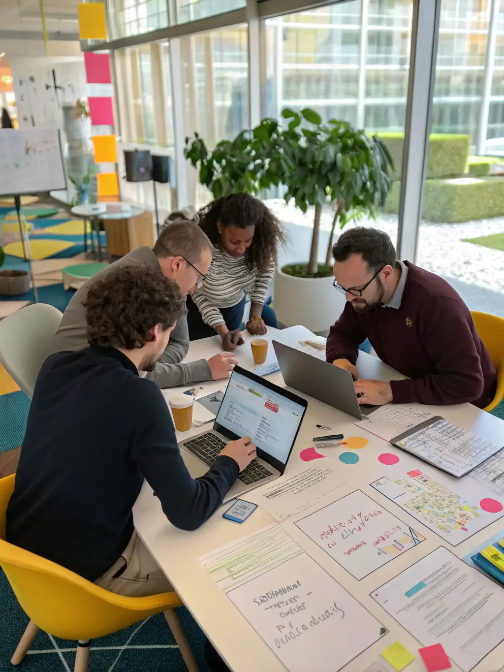 A professional image depicting a team of consultants collaborating on a digital transformation strategy in a modern office setting, emphasizing teamwork and innovation.